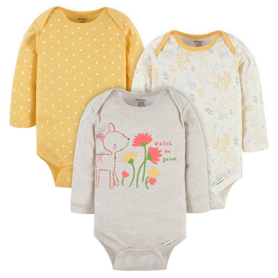 3-Pack Baby Girls Floral Deer Long Sleeve Onesies® Bodysuits-Gerber Childrenswear Wholesale