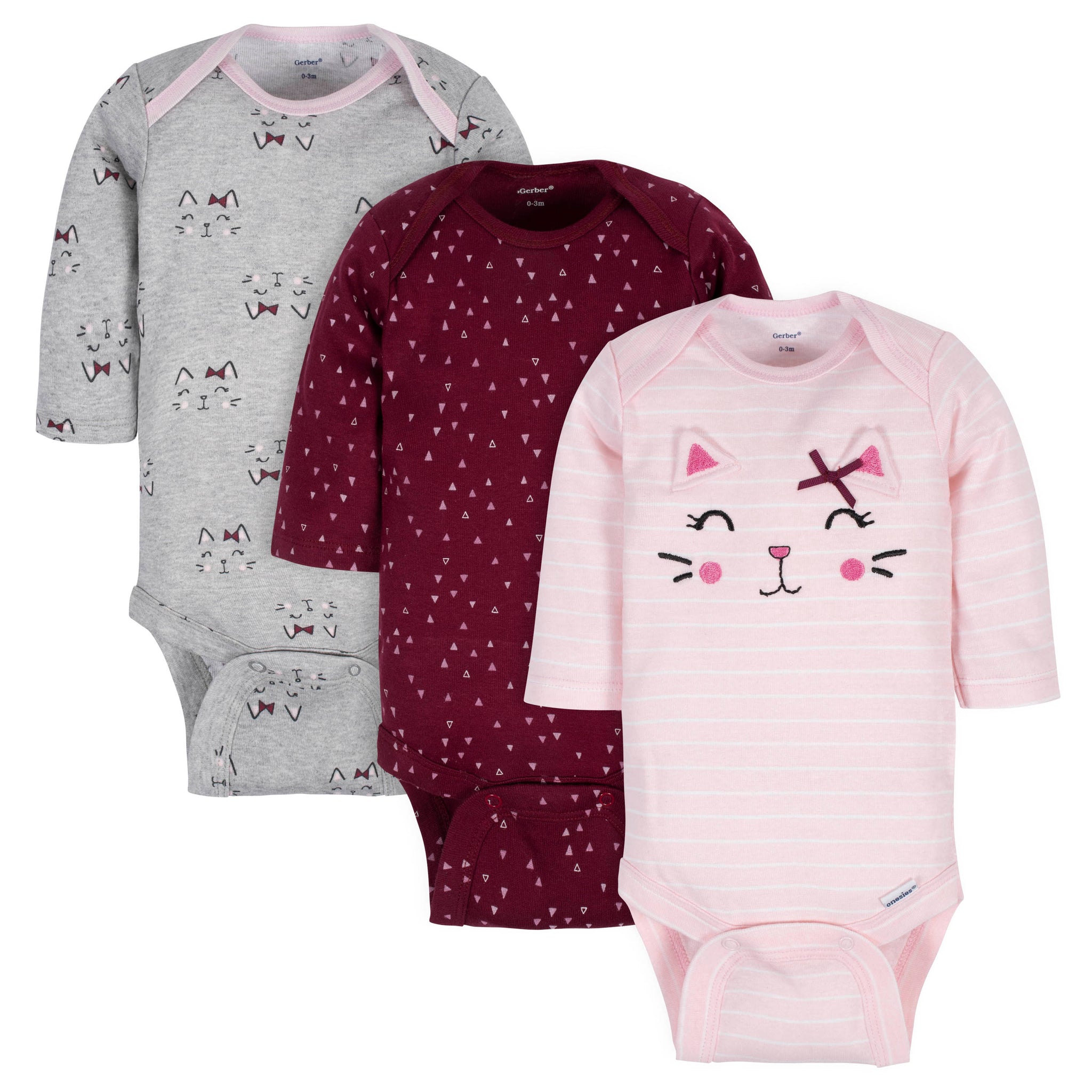 3-Pack Baby Girls Kitty Long Sleeve Onesies® Bodysuits-Gerber Childrenswear Wholesale