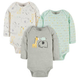 3-Pack Baby Neutral Elephants & Giraffes Long Sleeve Onesies® Bodysuits-Gerber Childrenswear Wholesale