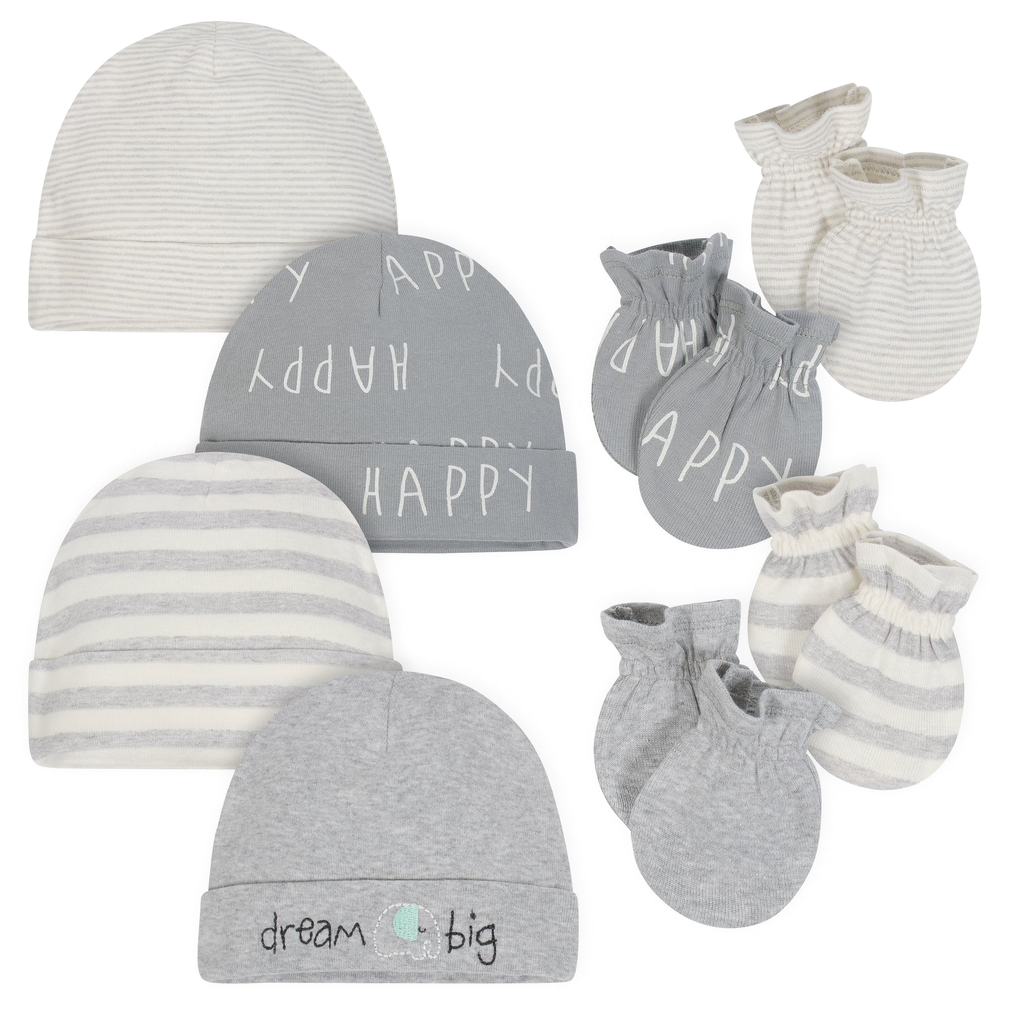 8-Piece Organic Baby Neutral Elephant Stripe Cap and Mitten Set-Gerber Childrenswear Wholesale