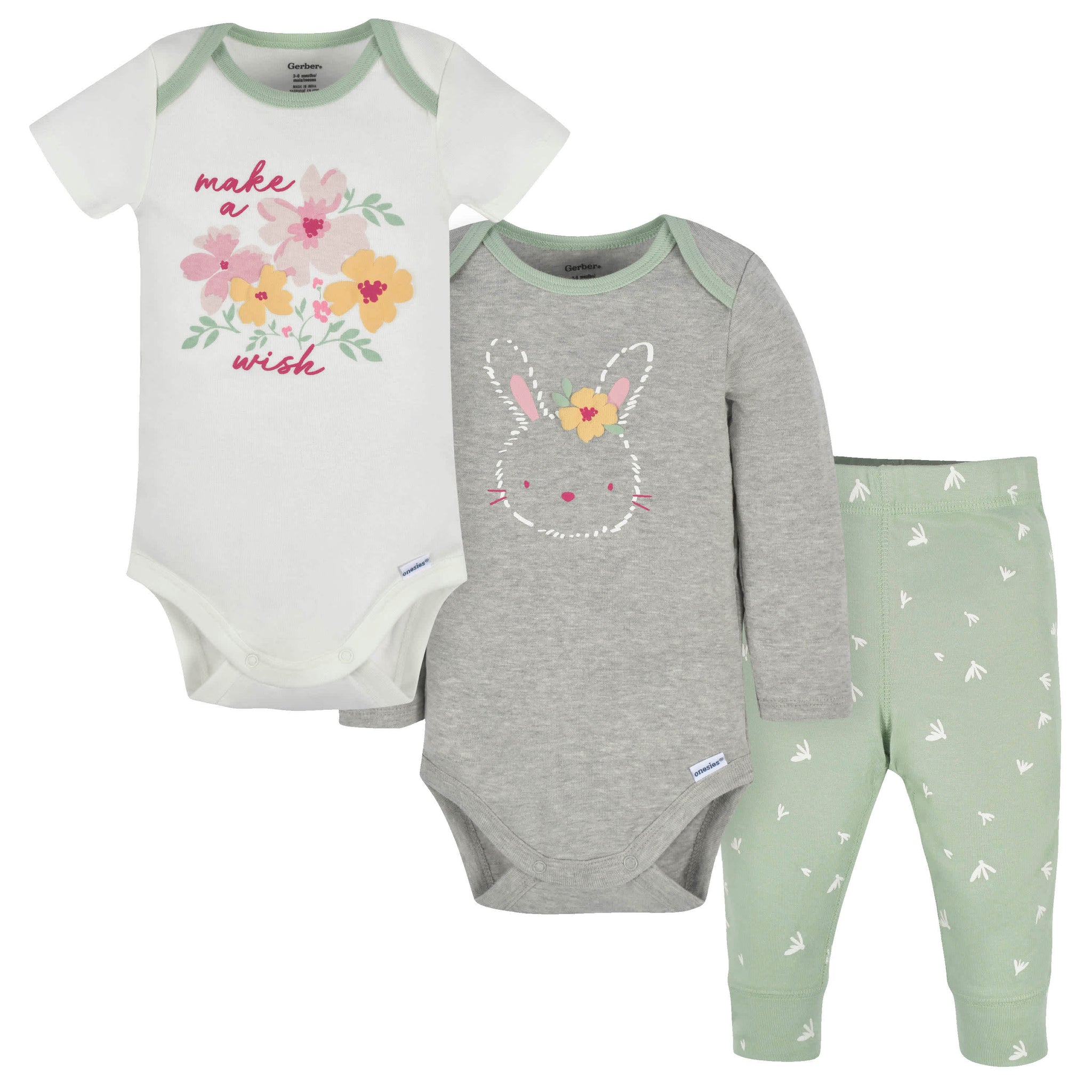 3-Piece Baby Girls Bunny Onesies® Bodysuits and Pants Set-Gerber Childrenswear Wholesale